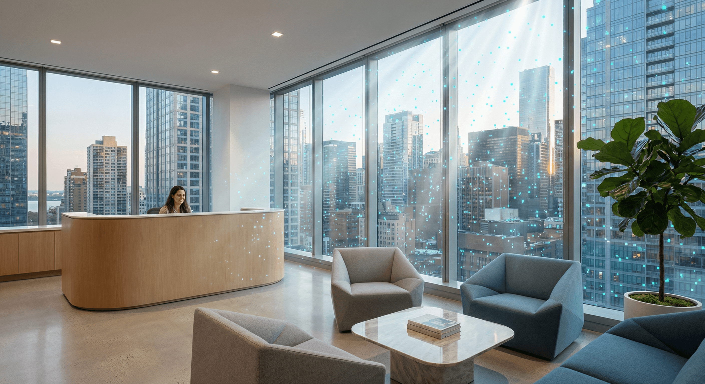 A downtown Tampa office interior with floor-to-ceiling windows overlooking the city skyline at golden hour, cyan pixel data particles streaming through the glass.