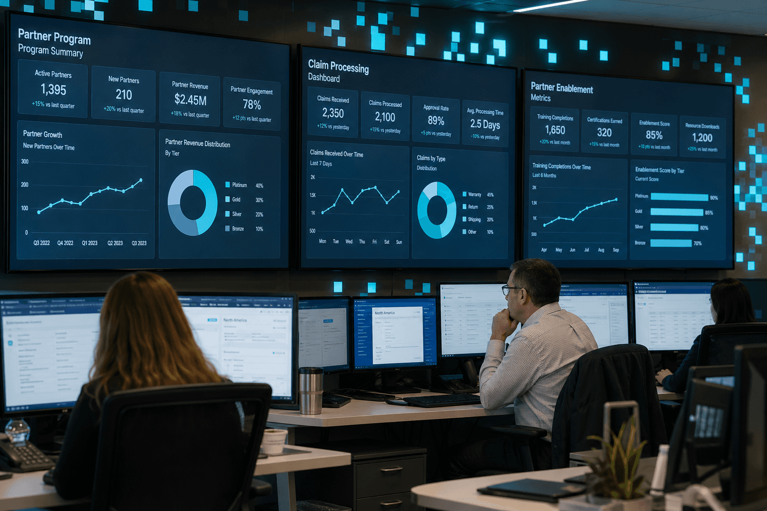 A distribution-company operations floor with multiple displays showing partner program data and claim processing dashboards.