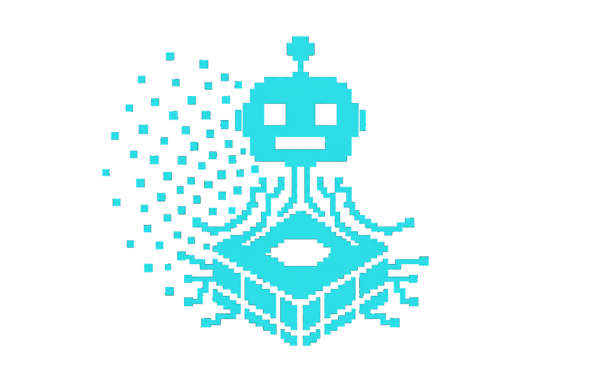 Chunky pixel-art icon of a robot agent wired into a central platform core.