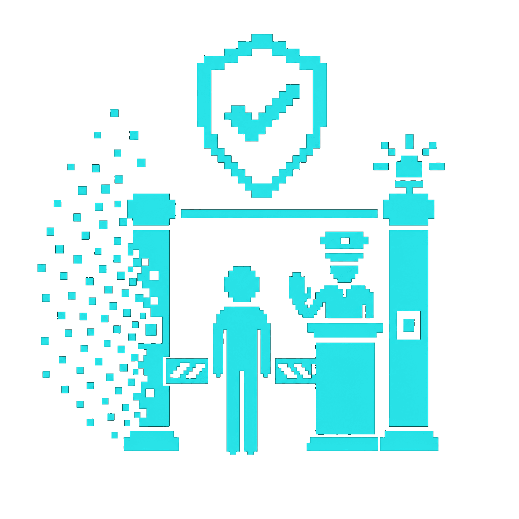 Chunky pixel-art icon of an approval gate with a checkmark inside a shield.