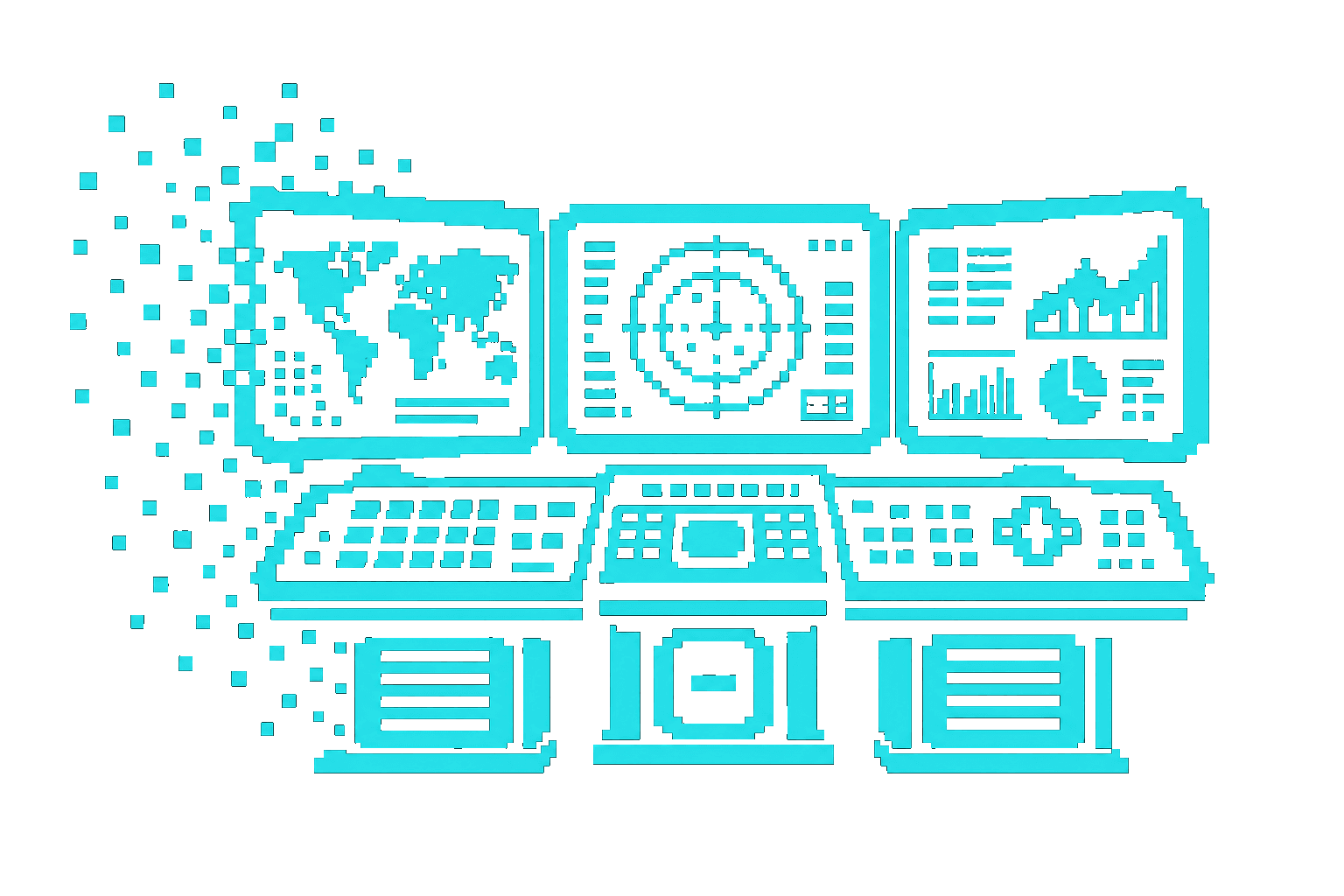 Chunky pixel-art icon of a multi-screen operations command center console.