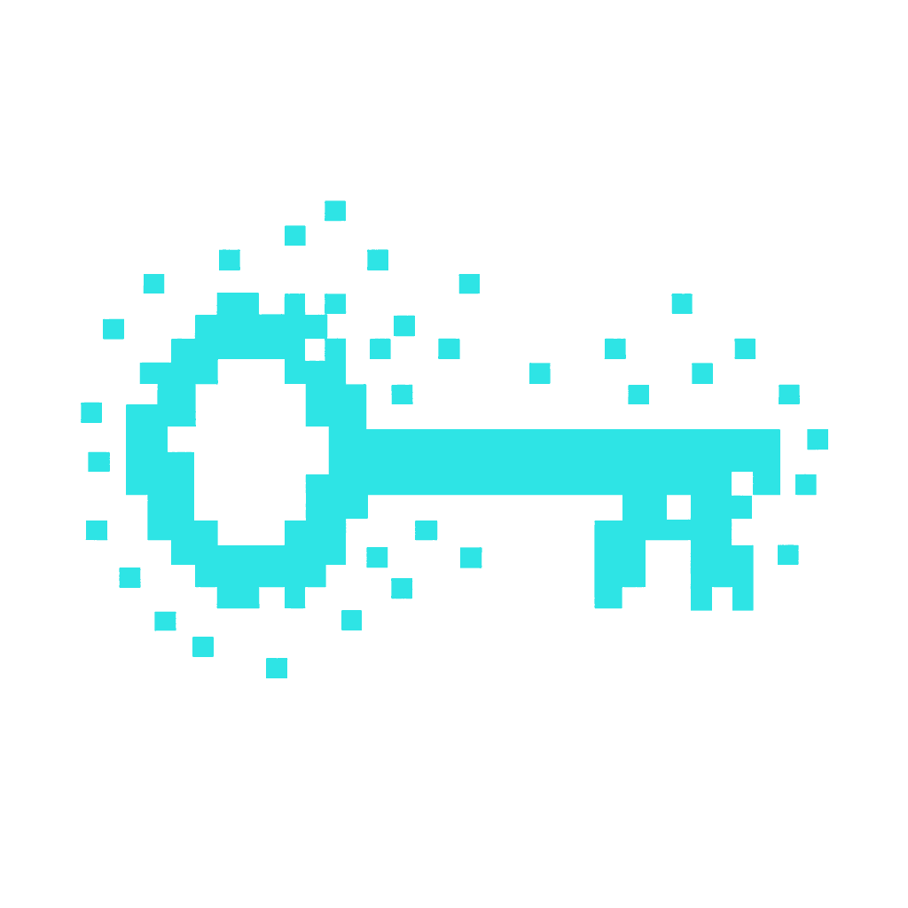 Pixel-art icon of a skeleton key dispersing into cyan particles, signaling knowledge transfer and handing over the keys.