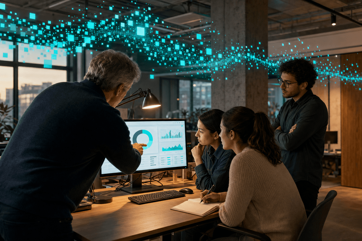 Pixel-art illustration of a training session with role-based tracks, hands-on lab stations, and certification tiers visible.