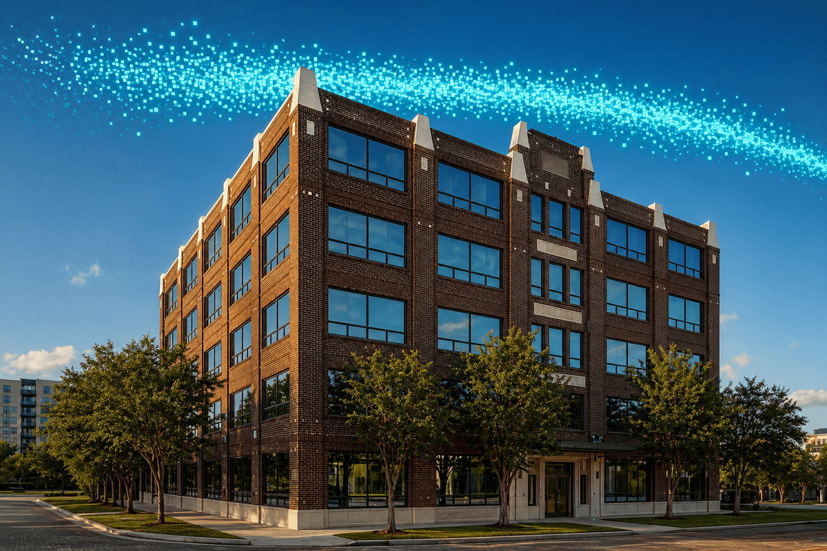 Modern multi-story brick office building exterior with cyan data particles streaming through the sky.