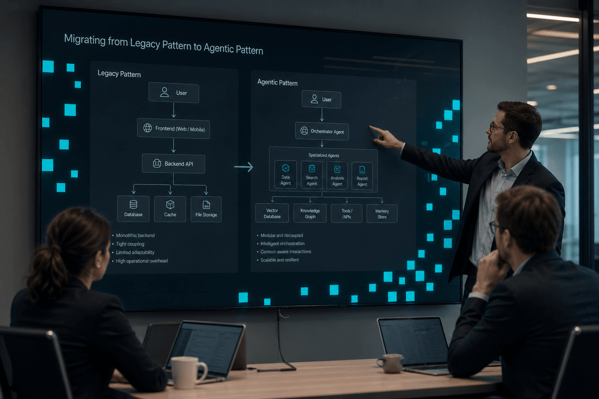 Technical professionals reviewing AI system diagrams on a large display.