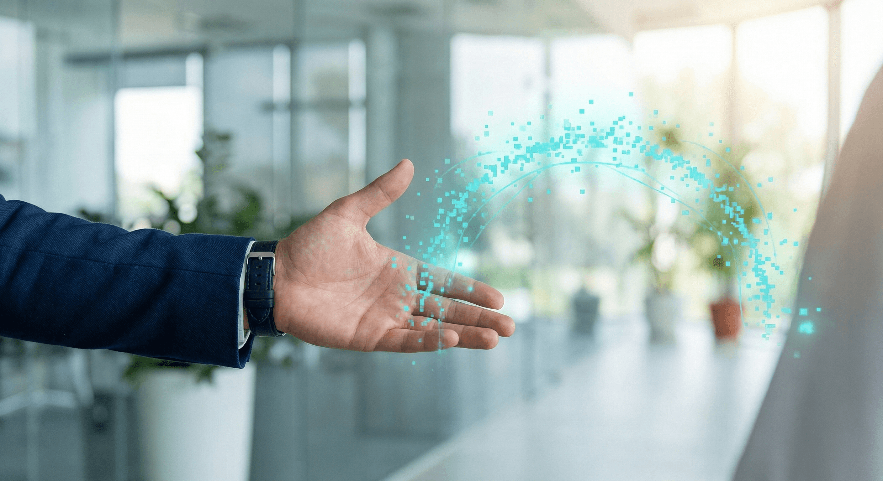 A handshake in a bright modern office with cyan pixel particles tracing the connection.