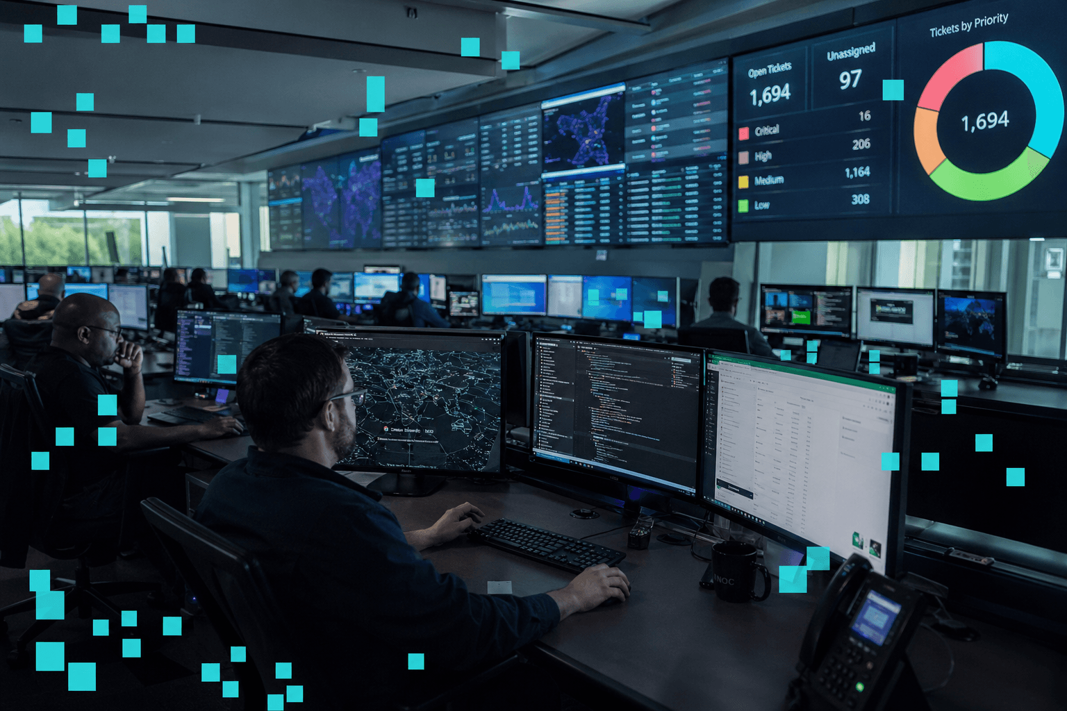 An MSP NOC environment with multi-monitor stations showing ticket queues and technicians at work.