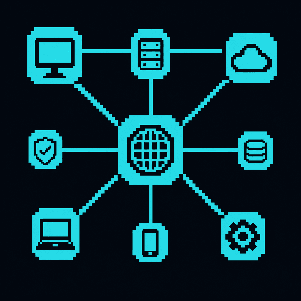 Pixel-art network diagram showing channel ecosystem nodes connected through PRESHos.