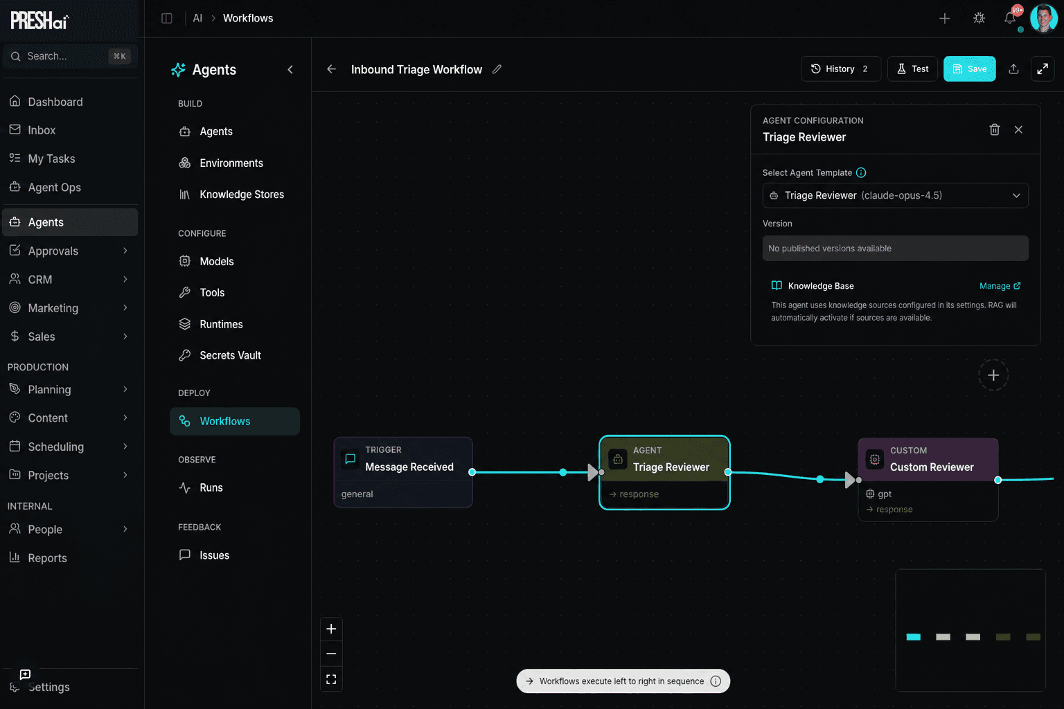 PRESHos Workflows builder: a visual canvas showing the workflow nodes connected left to right (Trigger, Agent, Custom Reviewer) with cyan connecting lines, plus an Agent Configuration panel on the right.